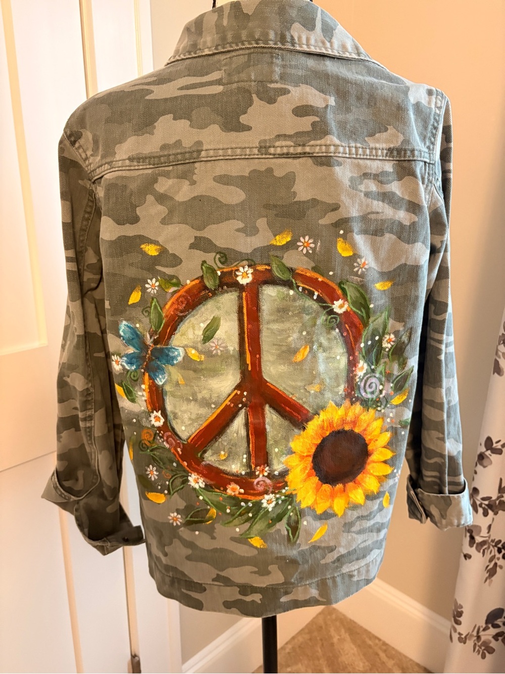 Hand-Painted Upcycled Camo Jean Jacket with Sunflower Peace Design